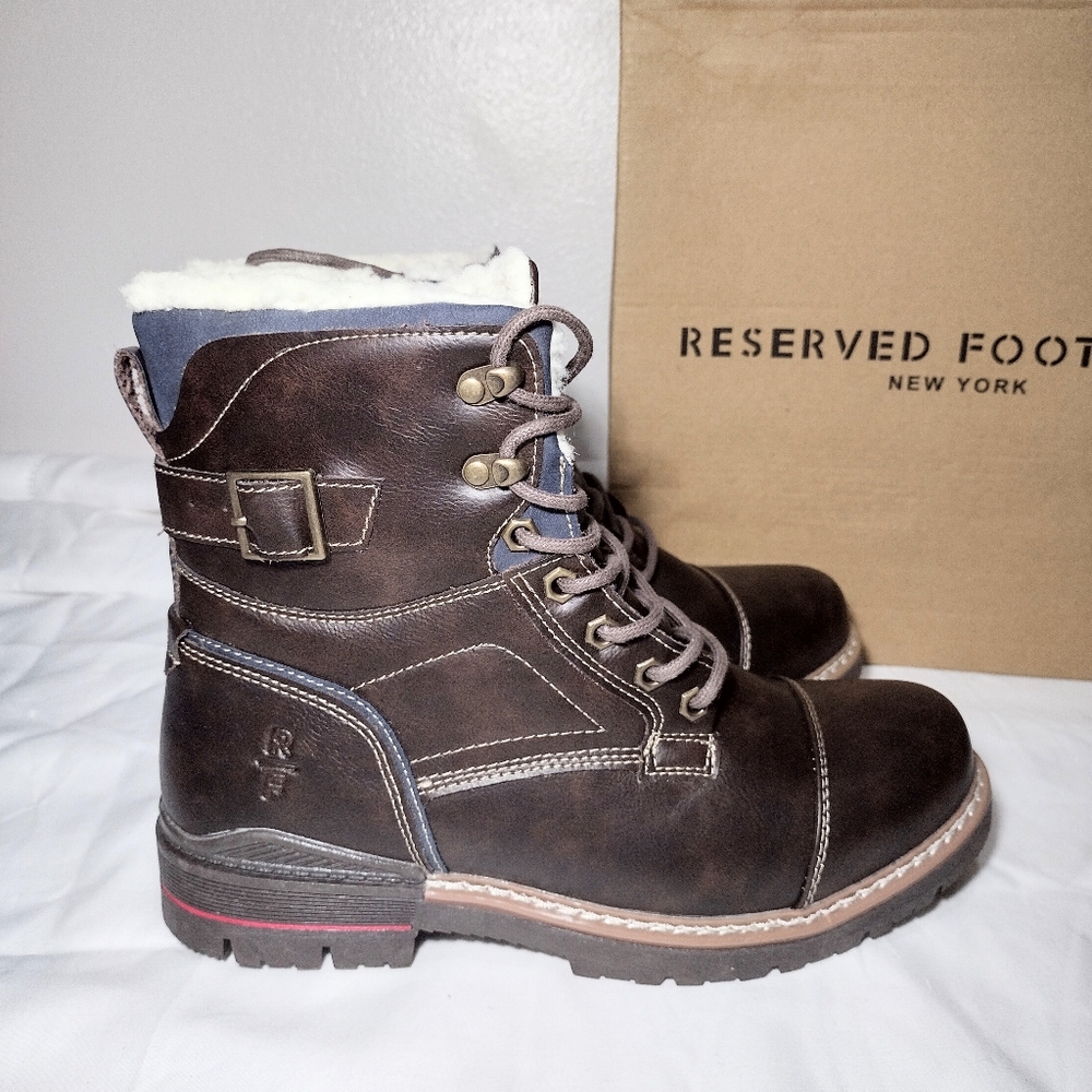 Reserved Footwear New York Brown Blue Faux Leather Cap Toe Boots